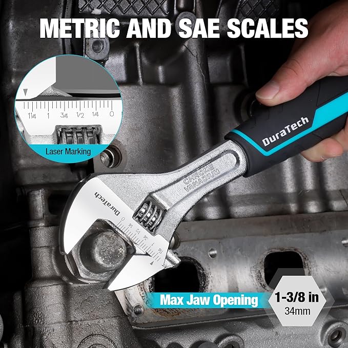 DURATECH 10-Inch Adjustable Wrench, Cr-V Steel Wrench, Wide Jaw Wrench, Metric & SAE Scales, for Home, Garage, Workshop and DIY