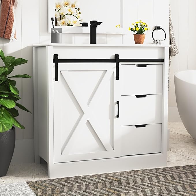 36 Inch Bathroom Vanity with Sink & Faucet & Mirror, Farmhouse Bathroom Vanity Cabinet Set with Sliding Barn Door & Drawers, Small Single Bath Storage Vanity Sink, White