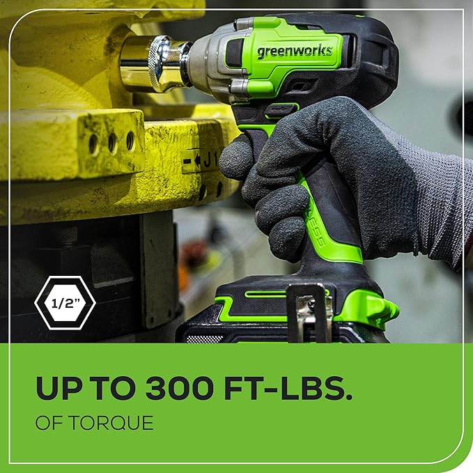 Greenworks 24V Brushless 1/2" Cordless Impact Wrench (3 Speed / 300 ft.-lbs. / LED Light), 4.0Ah Battery and Compact Charger Included
