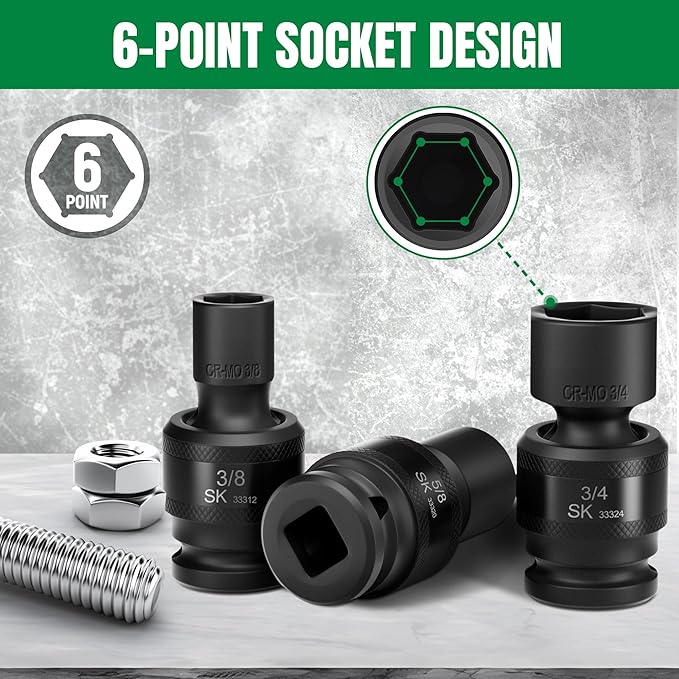 SK 3/8" Drive Universal Swivel Impact Socket Set, SAE Socket Set, 8-Piece, Premium CR-MO Steel, SureGrip 6 Point Design, with Storage Case