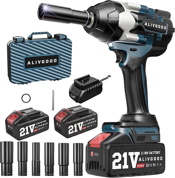 Upgrade 1000N.m (740ft-lbs) Cordless Impact Wrench, 2x 5.0AH Battery Impact Gun, 1/2 Inch Impact Wrench, Power Impact Wrenches for Duty Truck RV Mower 6 Sockets(14mm,17mm,18mm,19mm,21mm,22mm)