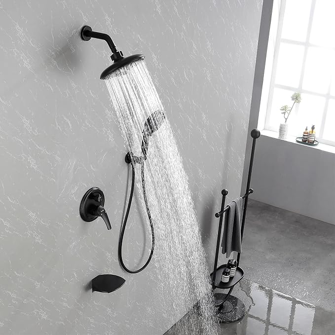 SHAMANDA Luxury Tub Shower Faucet Set with Round-in Valve, Wall Mounted Shower System with Waterfall Tub Spout and 6-Setting Rain Shower Head with 9-Setting Handheld, Matte Black, L8083-7
