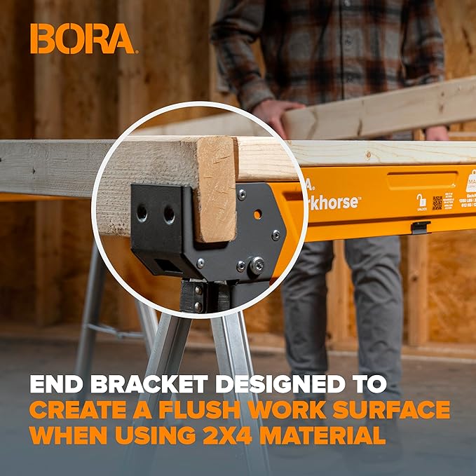 BORA Workhorse Saw horses 2 pack Folding Heavy Duty Legs, Metal Saw horse with 2x4 Bracket Built in Bottle Opener Professional Saw Horse for Woodworking Carpenters Contractors PM-3350T