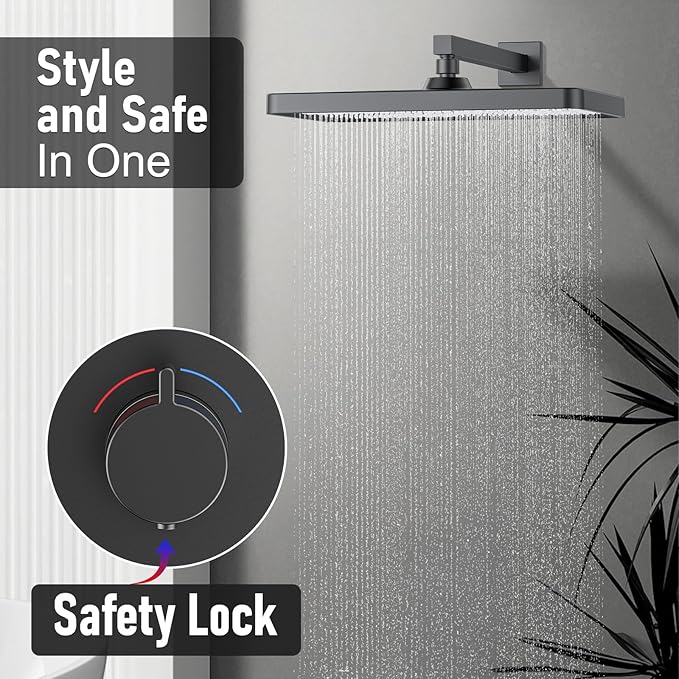 Thermostatic Shower System 13-Inch Rainfall Shower Head - 3 Setting Handheld Sprayer, Complete Bathroom Set with Faucet Mixer Trim Kit & Valve Matte Black