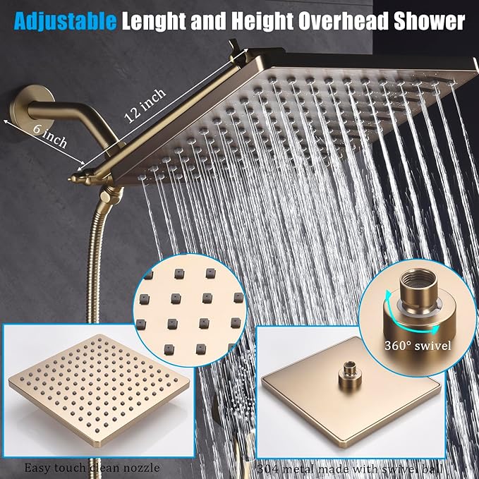 Shower Faucet Set Brushed Gold Rough-in Anti-Scald Pressure Balanced Valve Body Modern Luxury Wall Mounted 10 Inch Rain Mixer Shower System (Brushed Gold)