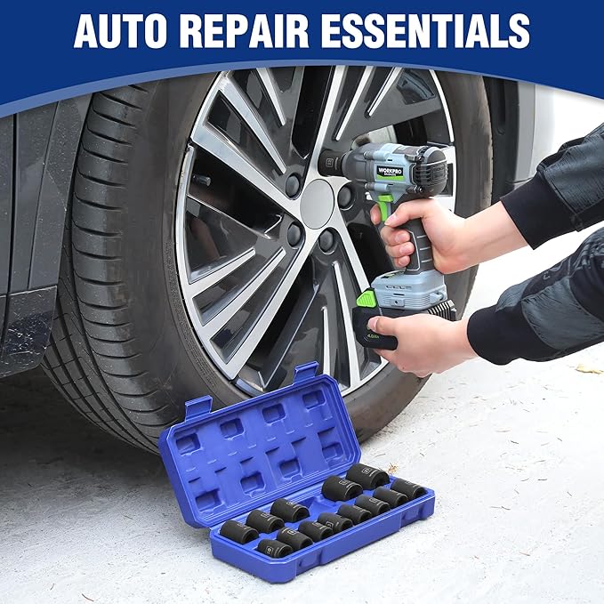 WORKPRO 1/2” Drive Shallow Impact Socket Set, Metric Cr-V Steel 6-Point Socket Set with Storage Case for Automotive Maintenance and Repairs (14PCS 10-27mm)
