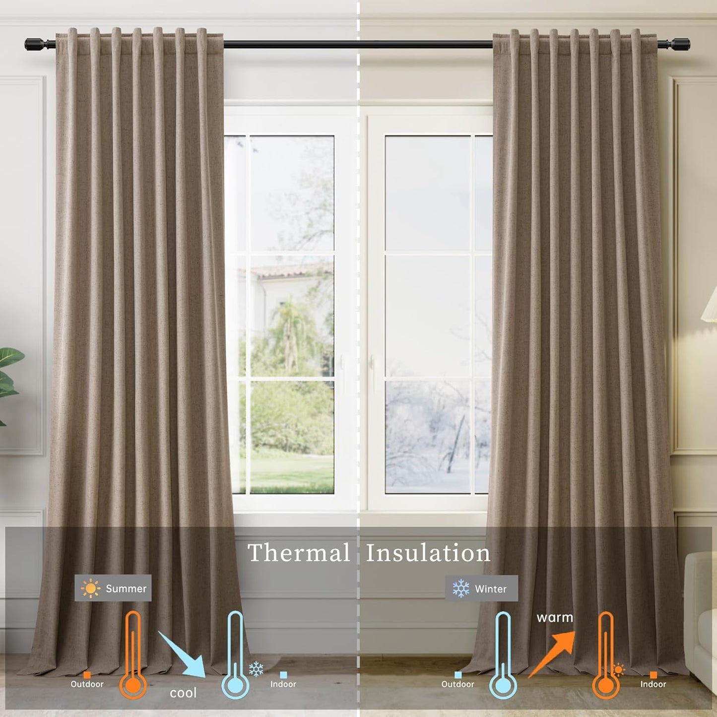 BOODII Room Darkening Curtains 120 Inch Back Tab Thermal Insulated Black Out Linen Drapes Extra Long Blackout Curtains for Patio Door Large Window Ceiling to Floor Light Blocking Brown 52x120