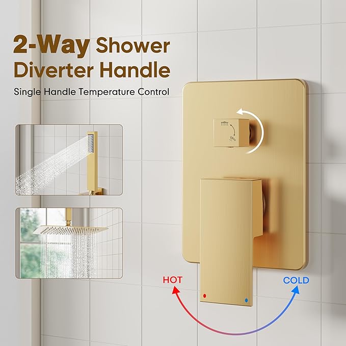 ESNBIA Shower Head System Gold, All Metal Ceiling Shower Faucet Set with Pressure Balance Valve Kit, 10 Inches Rain Head with Handheld Spray, Brushed Gold