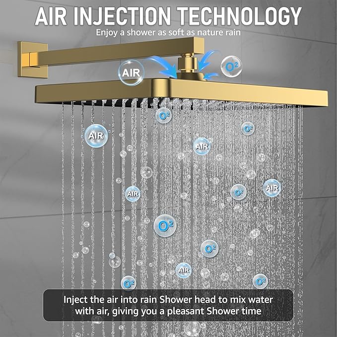 Iriber Thermostatic Shower System Wall Mount with Adjustable Water Flow Push Button Diverter,13 Inch Gold Rectangle Rainfall Shower Head and Handheld,Brushed Gold