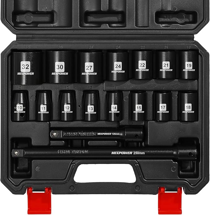 MIXPOWER 17 Pieces 1/2-Inch Drive Shallow Impact Socket Set, Includes 10mm to 32mm, 5", 10" Extension bars, CR-V, 6 Point Metric Socket Set