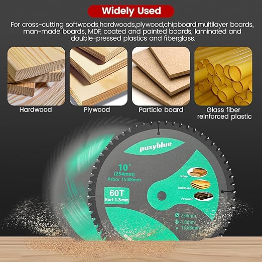 Puxyblue 2 Pack 10 Inch 32&60T Circular Saw Blade with 5/8" Arbor, TCT Trim Saw Blade for Wood, Plastic and Composite Materials