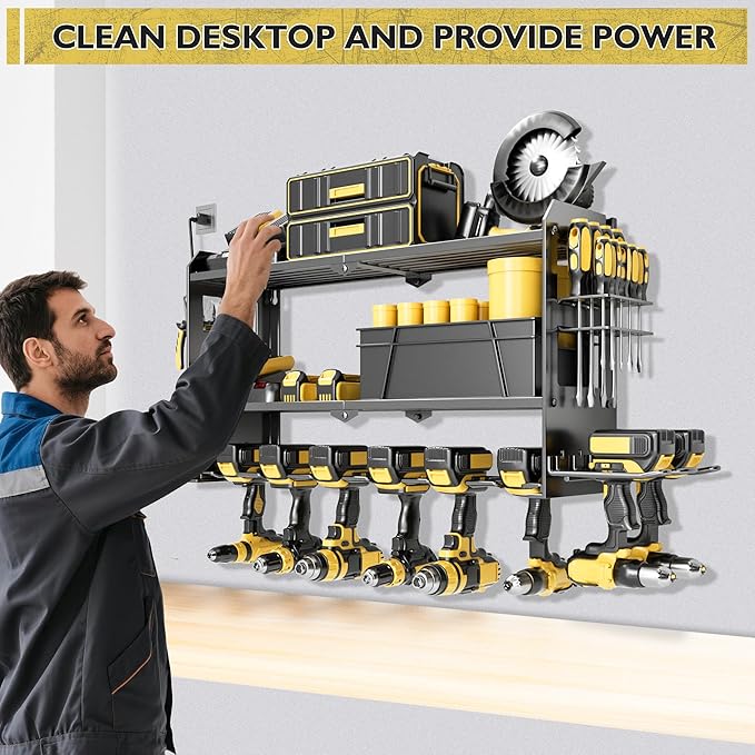 Power Tool Organizer Wall Mount with Charging Station, Cordless Drill and Battery Holder Shelf for Garage Organization,Heavy Duty Metal Tool Rack Storage, Load 300lbs, Built in 5 Outlet Power Strip