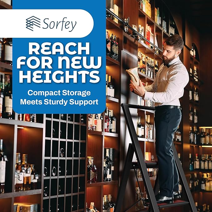 Step Ladder 2 Step Folding, Decorative - Beautiful Mahogany & Black Aluminum, Ultra Slim Profile, Anti Slip Steps, Sturdy-Portable for Home, Office, Kitchen, Photography Use,by SORFEY