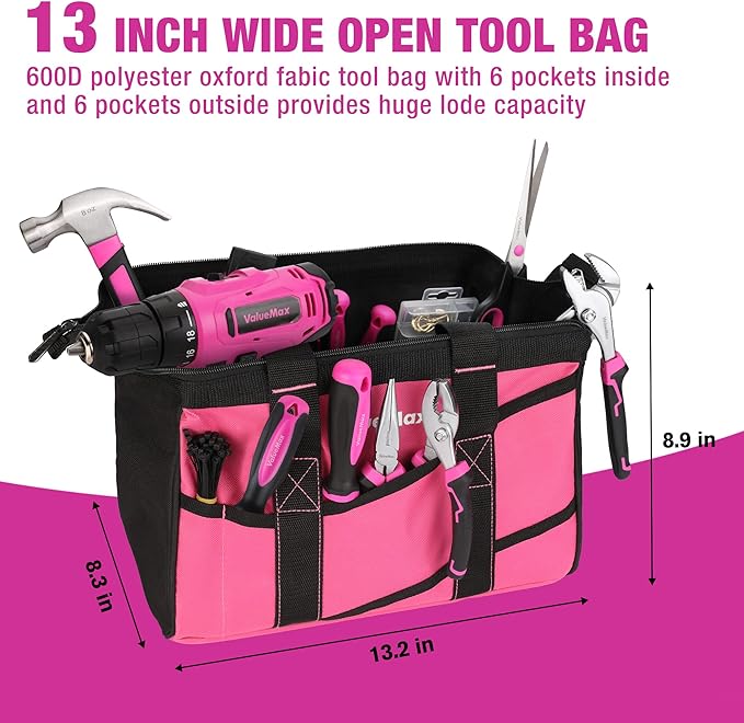 ValueMax Home Tool Kit with Drill, 233-Pieces Pink Tool Set with 12V Cordless Lithium-ion Drill, Power Tool Set with Wide Mouth Open Storage Bag, Basic Drill Sets Combo Kit for DIY and Daily Repair