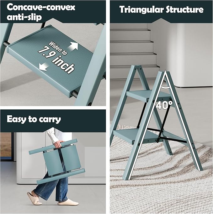 Taranta 2 Step Ladder,Aluminum Lightweight Folding 2 Step Stool with Anti-Slip Wide Pedal,330lbs Capacity Step Ladder for Household,Kitchen,Office - Serene Blue