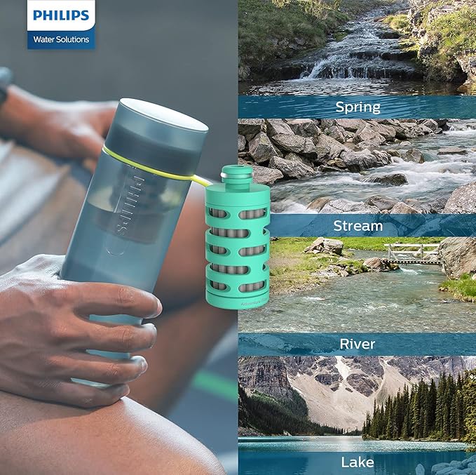 PHILIPS Water GoZero Active BPA-Free Water Bottle with River/Lake/Spring Water Filter for Hiking Camping, Sport Squeeze Water Bottle, Lightweight, Blue, 20 oz with Adventure Filter, Grey