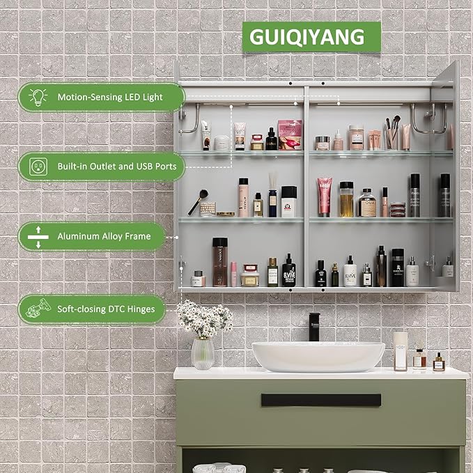 Medicine Cabinet with Lights, Bathroom LED Mirror Cabinet with Storage, Anti-Fog & 3 Color Lights, Recessed or Wall Mounted (40X32 in)