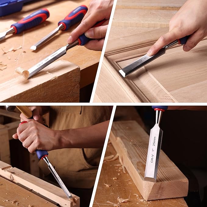 WORKPRO 10-Piece Wood Chisel Set for Woodworking, Cr-V Bevel Edge Chisels (1/4", 1/2", 3/4", 1", 1-1/4", 1-1/2") with Sharpening Stone, Honing Guide, Carpenter Pencils & Storage Case