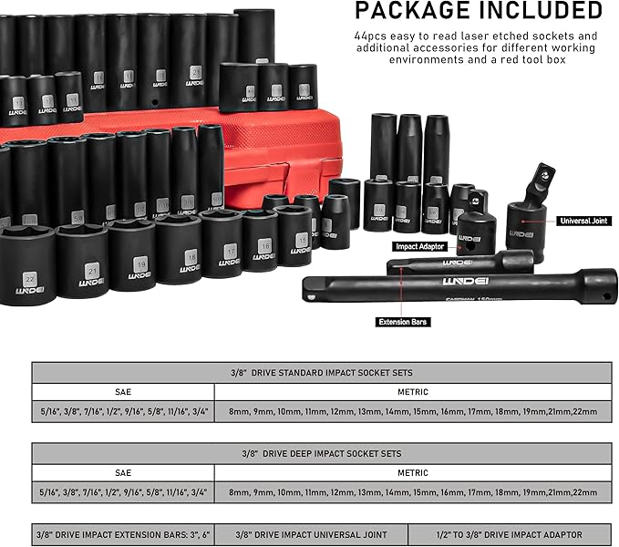 LLNDEI 3/8" Drive Impact Socket Set SAE and Metric (5/16"- 3/4", 8-22mm) 48pcs, CR-V Steel, 6 Point Sockets, Extension Bar (3-in, 6-in), 1/2"F to 3/8"M Reducer Universal Joint