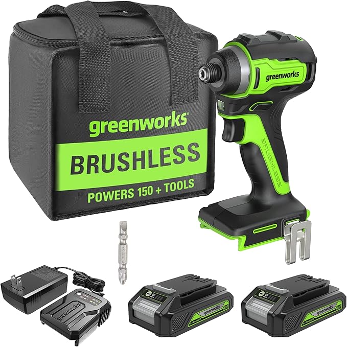 Greenworks 24V Brushless 1/4" Cordless Impact Driver, (2) 2.0Ah Batteries, Compact Charger, and Bag Included