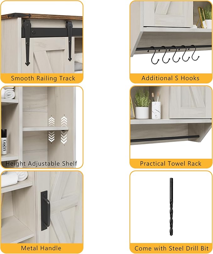 Farmhouse Medicine Cabinet 2 Sliding Barn Doors 3 Tier Rustic Wood Wall Storage Cabinet Adjustable Shelf Towel Bar Wall Mounted Bathroom Wall Cabinet (Antique White, 30.71 Inch)