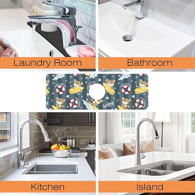 Kitchen Sink Splash Guard Faucet Mat Cartoon Bear Surfing Sink Splash Guard Behind Faucet,1 PC Soft Diatom Mud Non-Slip Mat-for Kitchen,Sink Mat,Dish Drying Mat,Bathroom Faucet Mat 15.5"X5.5"