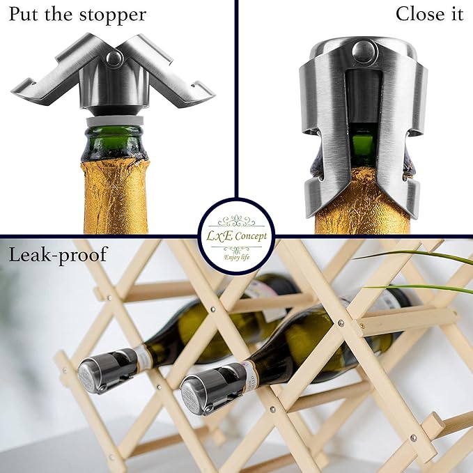 Champagne Stoppers for Sparkling Bottle Sealing - Saver Accessories Toppers for Wine Napa Moet Bottega - Dual-sided Stainless Steel Cover Bottles, Champagne corks for sparkling wine Silver Gray 6 pack