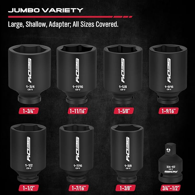 SAE Deep Impact Socket Set 8-Piece 1/2-inch Drive Wheel Axle Nut Wrench Large Sockets Standard Adapter 1-11/16 1-9/16 1-3/8 1-7/16 1-1/2 1-5/8 1-3/4 Imperial Spindle Joint Torque Bearing Locknut Truck