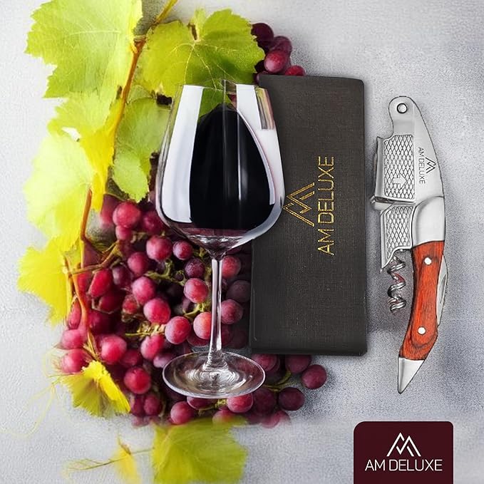 Premium AM DELUXE Waiter Corkscrew Wine Opener - Wine Key For Servers, Bartenders, Heavy Duty Stainless Steel & Pakka Wood Inlay, Serrated Foil Cutter, Cork Screw Wine Bottle Opener, Magnetic Gift Box