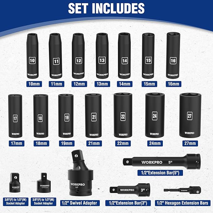 WORKPRO 20-Piece 1/2" Drive Deep Impact Socket Set, 6-Point, Cr-V Steel, 10-27mm, Universal Joint, Adapter and Extension Bar, Metric