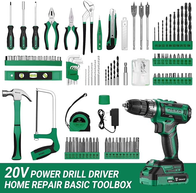 Green Drill Tool Kit Set: 20V Cordless Power Drill Tool Box with Battery Electric Drill Driver for Men Home Hand Repair Basic Toolbox Tools Sets Drills Case