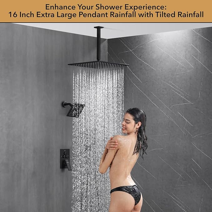 VANFOXLE Shower Faucet Set Matte Black Shower System,Shower Faucet with 2 in 1 Handheld,Ceiling Mount 16 Inch Shower Head+6 Inch Shower Head(Rough-in Valve Body and Trim)