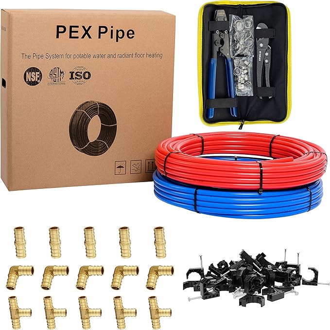EFIELD 1/2 Inch 2 x 100 ft (200 Ft) Pex-b Pipe/Tubing, Brass pex Fittings, Crimping Tool, Cinch Clamps, Cutter, J-Clamps(All-in-One Bundle),(129)