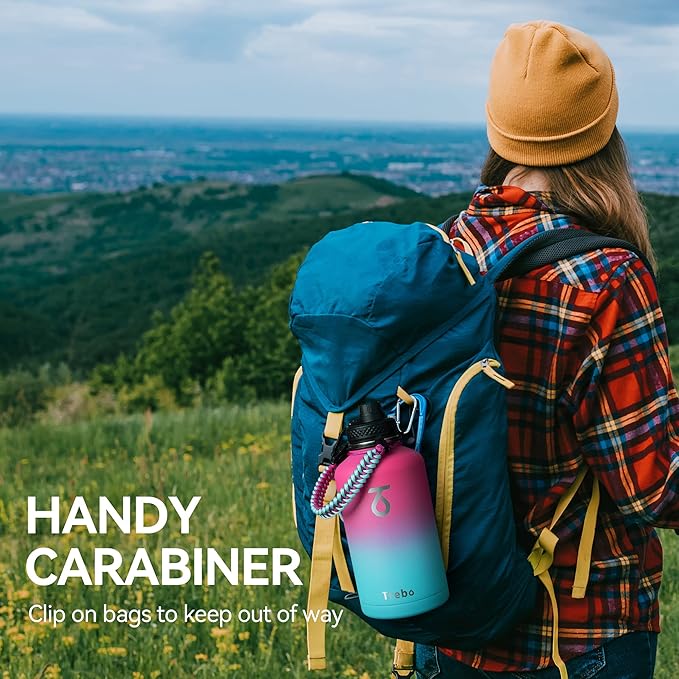 Water Bottle 64oz with Paracord Handle, Trebo Half Gallon Double Wall Vacuum Stainless Steel Insulated Jug with Straw Spout Handle Lids, Leakproof Water Flask Keep Cold Hot Thermo Canteen Mug,Rose Red