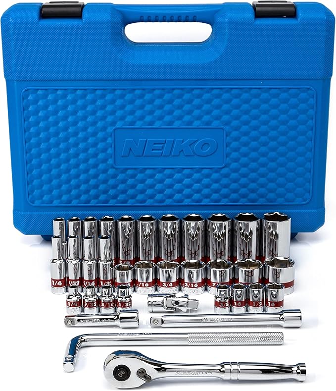 NEIKO 02511A 3/8” Drive Socket Set with Quick Release Ratchet (90 Tooth), 35 Piece Standard and Deep SAE Sizes, 1/4” to 1”, 6 Point, Universal Joint, 3/8” Extension Bars, Made with CR-V Steel