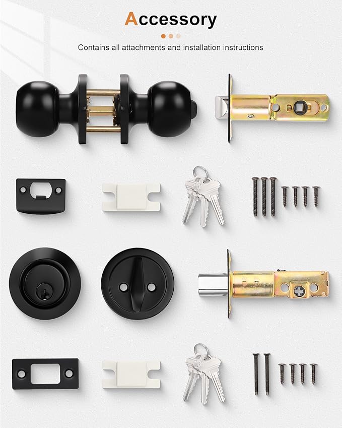 Probrico Front Door Keyed Entry Knobs and Single Cylinder Deadbolt Combo Sets, Flat Black, Keyed Alike Locksets,6 Pack