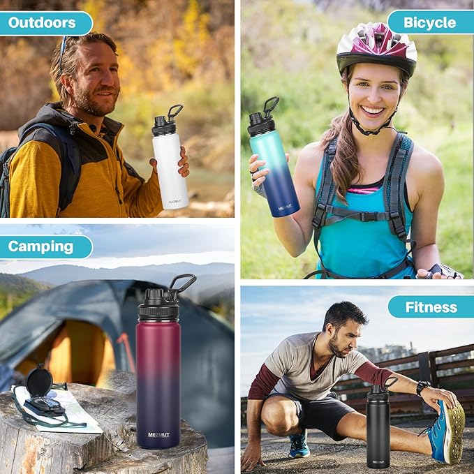 Insulated Water Bottle 24oz Stainless Steel Water Bottles with Straw&3 Lids Sports Metal Water Bottle Thermos Cup Double Walled Vacuum Insulated Bottles Leak-Proof Travel (Gradient Blue)