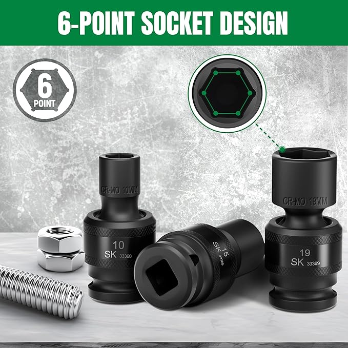 SK 3/8" Drive Universal Swivel Impact Socket Set, Metric Socket Set, 10-Piece, Premium CR-MO Steel, SureGrip 6 Point Design, with Storage Case