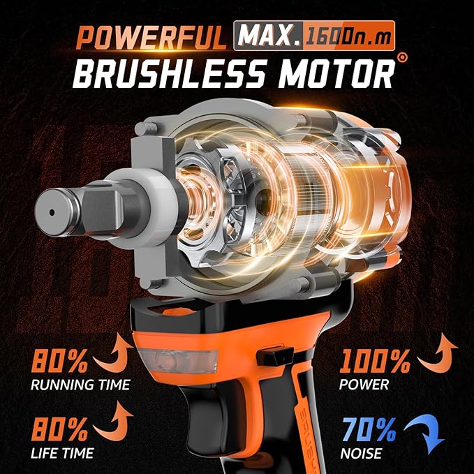 1/2" Cordless Impact Wrench 1600Nm(1200Ft-lbs) High Torque Brushless Impact Gun with 2 x 4.0Ah Batteries, 6 Sockets, Charger, Extension Bar, Variable Speeds for Home/Car/Truck/RV/Mower