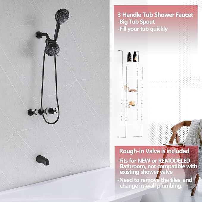3 Handle Tub Shower Faucet Matte Black Bathtub Shower Faucet Set With Tub Spout, Tub and Shower Trim Kit with Valve