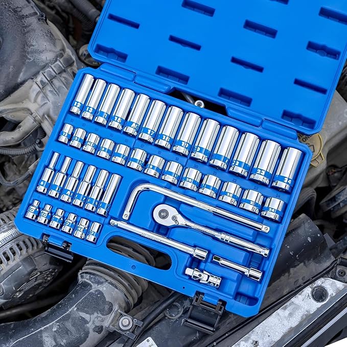 NEIKO 02512A 3/8” Drive Socket Set with Quick Release Ratchet (90 Tooth), 43 Piece Standard and Deep Metric Sizes, 6mm to 24mm, 6 Point, Universal Joint, 3/8” Extension Bars, Made with CR-V Steel