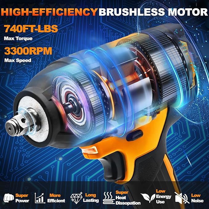 1/2 Cordless Impact Wrench, 1/2 Inch Impact Drive with Brushless Motor, 1000N.m(740Ft-Lbs), 3300PRM, Electric Impact Wrenches with Battery and Charger, 6 Sockets