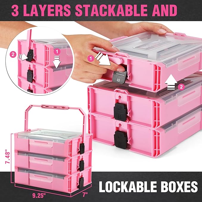 WORKPRO Pink Cordless Drill Driver with Toolbox, 8V Lithium-ion Power Drill and Bits, 2.0 Ah Portable Electric Screwdriver Home Tool Set with Stackable Pink Ribbon Tool Box