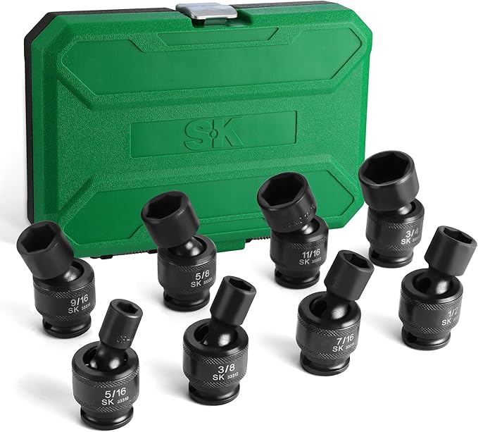 SK 3/8" Drive Universal Swivel Impact Socket Set, SAE Socket Set, 8-Piece, Premium CR-MO Steel, SureGrip 6 Point Design, with Storage Case