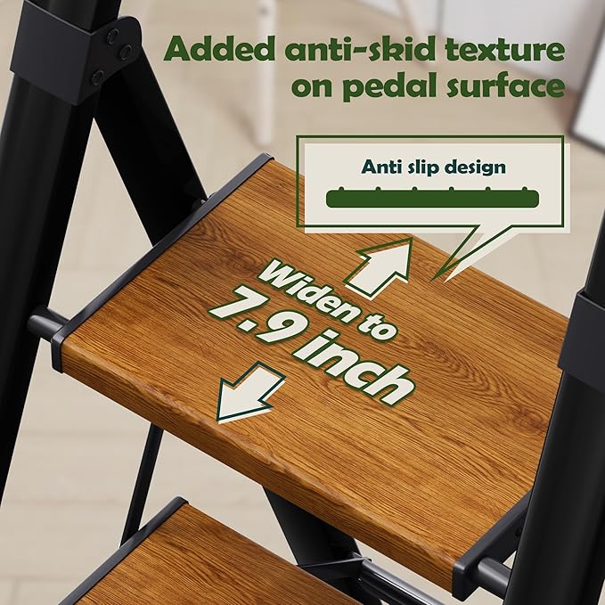 Taranta 5 Step Ladder, Portable Folding Ladder with Wide Pedal, Lightweight Aluminum Step Stool with Convenient Handgrip, 330 lbs Capacity Stepladder for Home, Office - BlackWoodgrain