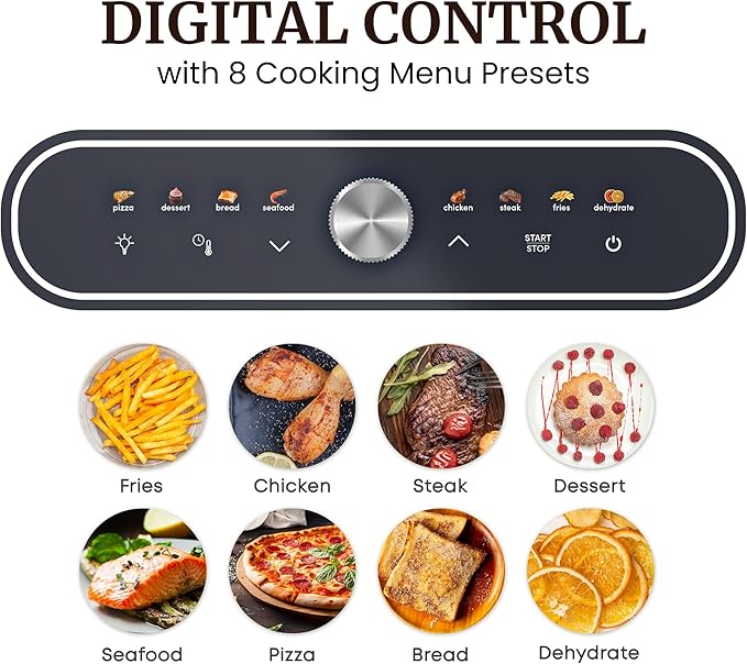 Elite Gourmet EAF2411G Digital Indoor Grill/Air Fryer Oven, 11L Capacity, Grill Rack, 8 Presets, Bake, Roast, Broil, Dehydrate, 1700-Watts, 25 Delicious Recipes, Stainless-Steel/Black