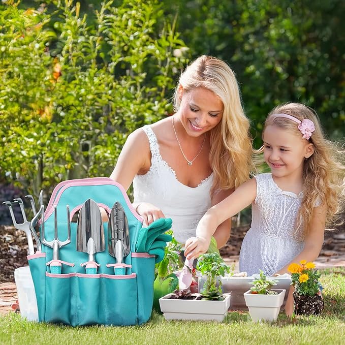 MelonArt Garden Tool Set,8 Pcs Gardening Hand Tool Starter Kit for Women Heavy Duty Outdoor Tool Kit Aluminum Alloy with Non Slip Ergonomic Handle, Ideal Gifts for Women and Men, Green&Pink