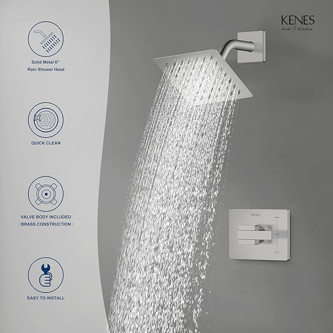 KENES Modern Brushed Nickel Shower Trim Kit, Square Shower Faucet with Single-Spray Stainless Rain Shower Head, Shower Trim Systems Wall Mount, KE-6025B (Shower Valve Included)