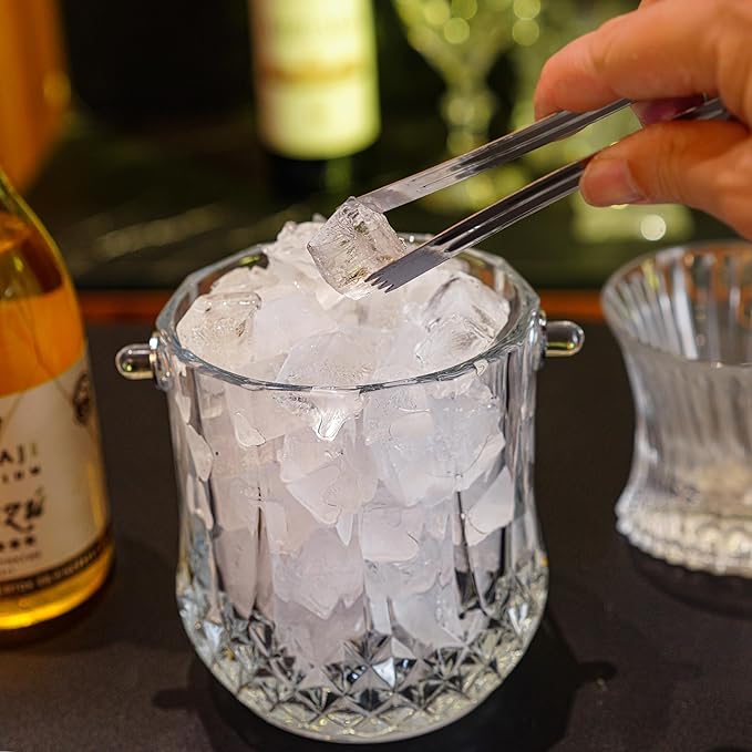 Glass Ice Bucket with Handle and Ice Tong Clear Crystal Ice Buckets for Cocktail Bar Wine Home Bar Accessories Parties Clear Champagne Bucket