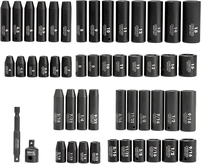 NEIKO 02436A 1/4 Drive Impact Socket Set 50 Piece Metric & Standard, Deep & Shallow Chrome Vanadium Steel 3/8” to 1/4” Reducer Hex Shank Adapter, 1/4 Socket Set Metric and Standard, Deep Socket Set
